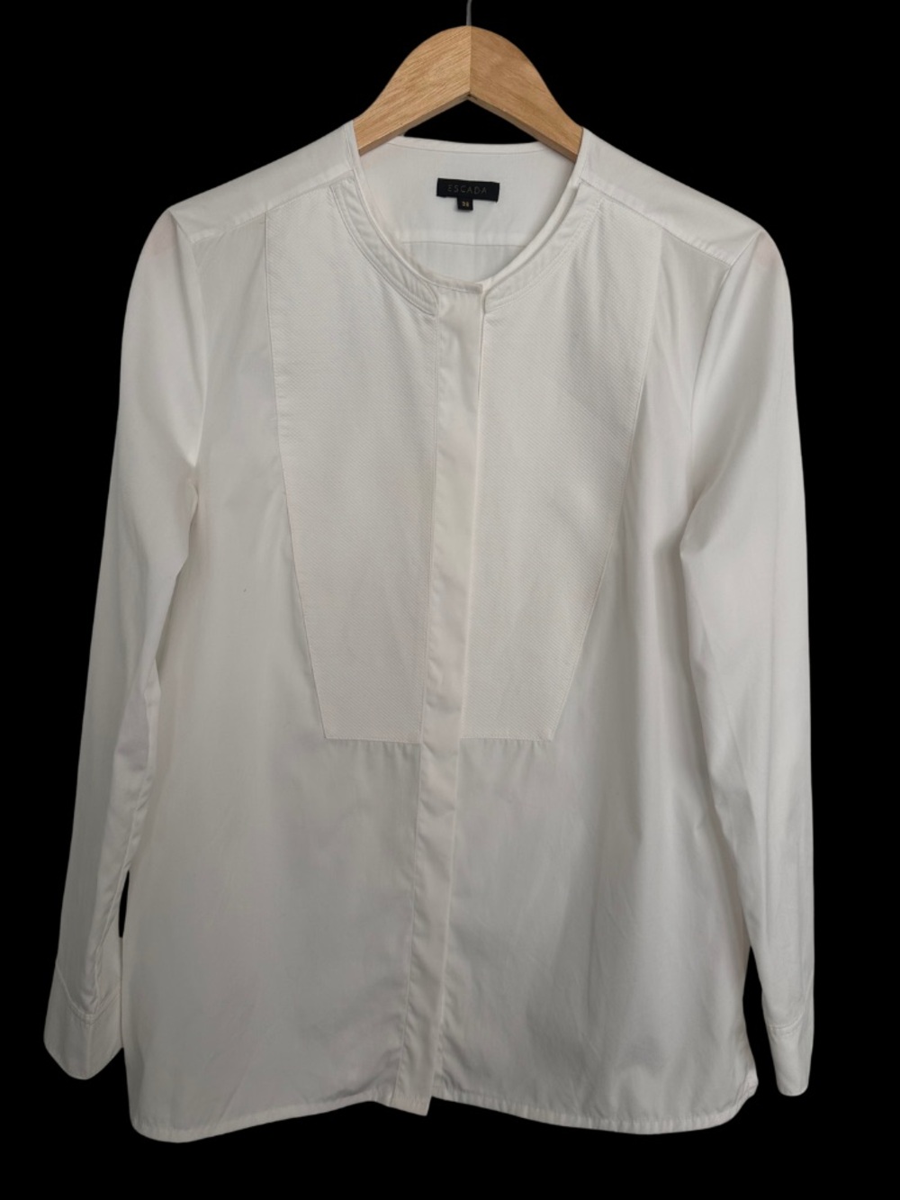 Escada Nabhi White Bib Front Tuxedo Top Shirt SZ 38 EU Long Sleeve Quiet Luxury